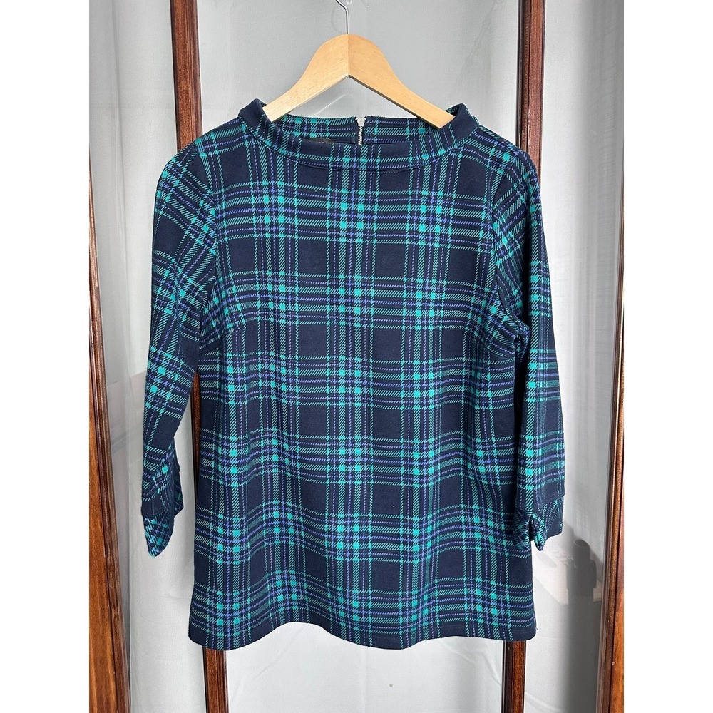 Talbots Mock Neck Top Plaid Women's M Navy Teal Purple 3/4 Sleeve Preppy Festive